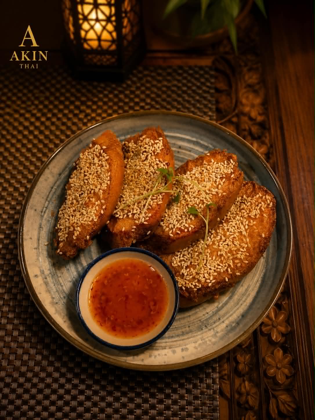 Akin Thai set lunch — sesame prawn toast with sweet chilli sauce