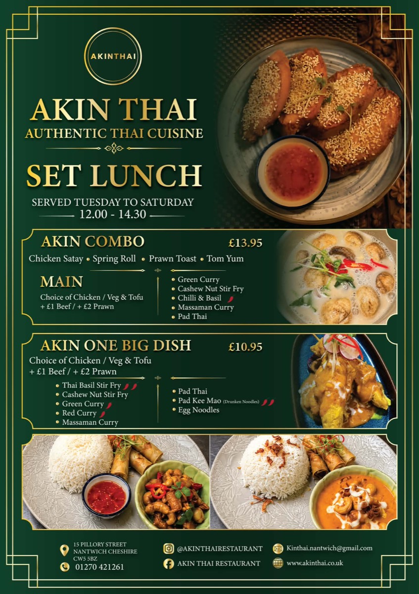 Akin Thai Set Lunch — served Tuesday to Saturday, 12.00 to 14.30. Akin Combo £13.95, Akin One Big Dish £10.95. Tap to view the lunch menu.